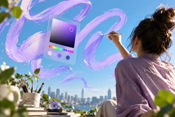 Expressive lavender lettering over sky blue with a realistic floating color picker interface.