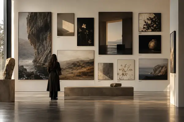An editorial art gallery website layout with artwork, small captions, and a carefully aligned grid.