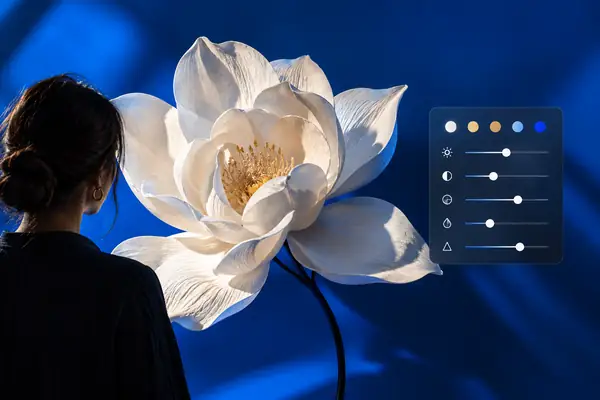 A white sculptural flower on a rich blue background with a compact image adjustment panel.