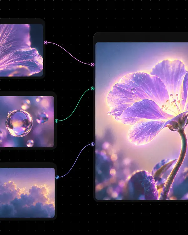 Connected creative image nodes on a dark canvas with a luminous purple flower output.