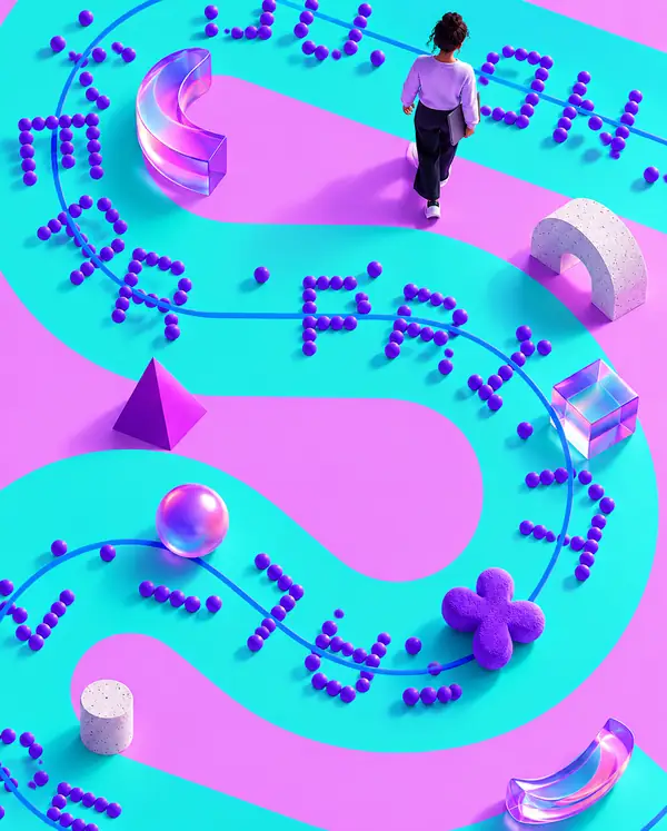 Purple type following a curved path over a vivid turquoise and pink composition.